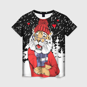 Женская футболка 3D с принтом Тигр в красном в Петрозаводске, 100% полиэфир ( синтетическое хлопкоподобное полотно) | прямой крой, круглый вырез горловины, длина до линии бедер | Тематика изображения на принте: 2022 | fir forest | happy new year | hearts | merry christmas | red hat | santa claus | scarf | snow | tiger | year of the tiger | год тигра | еловый лес | красная шапка | новый год | очки | рождество | санта клаус | сердца | снег | тигр | шарф