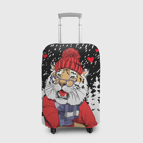 Чехол для чемодана 3D с принтом Тигр в красном в Петрозаводске, 86% полиэфир, 14% спандекс | двустороннее нанесение принта, прорези для ручек и колес | 2022 | fir forest | happy new year | hearts | merry christmas | red hat | santa claus | scarf | snow | tiger | year of the tiger | год тигра | еловый лес | красная шапка | новый год | очки | рождество | санта клаус | сердца | снег | тигр | шарф