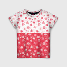 Детская футболка 3D с принтом Снежинки (красно белые) в Петрозаводске, 100% гипоаллергенный полиэфир | прямой крой, круглый вырез горловины, длина до линии бедер, чуть спущенное плечо, ткань немного тянется | merry christmas | дед мороз | ёлка | зима | мороз | новый год | подарок | праздник | рождество | с новым годом | сантаклаус | снег | снеговик | снегурочка | снежинки | снежные узоры | узоры