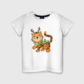 Детская футболка хлопок с принтом Тигренок   новогодний олень в Петрозаводске, 100% хлопок | круглый вырез горловины, полуприлегающий силуэт, длина до линии бедер | 2022 | год тигра | новый год | новый год 2022 | символ года | тигр | тигренок | тигрица | тигры