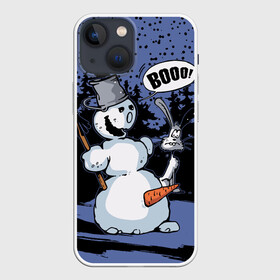 Чехол для iPhone 13 mini с принтом Снеговик на Хэллоуин в Петрозаводске,  |  | broom | bucket | carrot | fir forest | frightened hare | halloween | new year | night | scary | snow | snowman | ведро | еловый лес | испуганный заяц | метла | морковка | новый год | ночь | снег | снеговик | страшный | хэллоуин