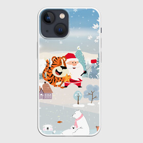 Чехол для iPhone 13 mini с принтом Санта и тигр делают сэлфи в Петрозаводске,  |  | 2022 | год тигра | новый год | новый год 2022 | символ года | тигр | тигренок | тигрица | тигры