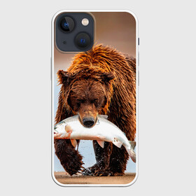 Чехол для iPhone 13 mini с принтом Медведь с рыбой во рту в Петрозаводске,  |  | bear | дикие | животные | звери | лес | медведь | мишка | природа | русская рыбалка | рыба
