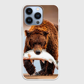 Чехол для iPhone 13 Pro с принтом Медведь с рыбой во рту в Петрозаводске,  |  | bear | дикие | животные | звери | лес | медведь | мишка | природа | русская рыбалка | рыба