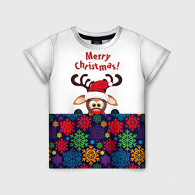 Детская футболка 3D с принтом Merry Christmas (оленёнок) в Петрозаводске, 100% гипоаллергенный полиэфир | прямой крой, круглый вырез горловины, длина до линии бедер, чуть спущенное плечо, ткань немного тянется | christmas | merry christmas | santa claus | дед мороз | ёлка | новогодние олени | новый год | оленёнок бэмби | оленёнок рудольф | орнамент | с новым годом | сантаклаус | свитер с оленями | снегурочка | снежинки | узоры