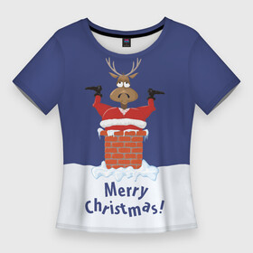 Женская футболка 3D Slim с принтом Санта в трубе с Оленем в Петрозаводске,  |  | christmas | merry christmas | santa claus | дед мороз | ёлка | новогодние олени | новый год | оленёнок бэмби | оленёнок рудольф | орнамент | с новым годом | сантаклаус | свитер с оленями | снегурочка | снежинки | узоры