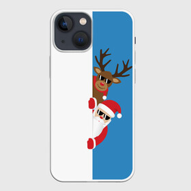 Чехол для iPhone 13 mini с принтом Крутые Санта и Олень в Петрозаводске,  |  | christmas | merry christmas | santa claus | в очках | дед мороз | ёлка | новогодние олени | новый год | оленёнок бэмби | оленёнок рудольф | с новым годом | сантаклаус | свитер с оленями | северный олень | снегурочка