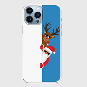 Чехол для iPhone 13 Pro Max с принтом Крутые Санта и Олень в Петрозаводске,  |  | christmas | merry christmas | santa claus | в очках | дед мороз | ёлка | новогодние олени | новый год | оленёнок бэмби | оленёнок рудольф | с новым годом | сантаклаус | свитер с оленями | северный олень | снегурочка