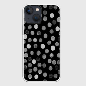 Чехол для iPhone 13 mini с принтом Кружочки на черном фоне в Петрозаводске,  |  | белое | горох | горошек | краска | круги | круглое | круглые | кружки | кружочки | мазки | орнамент | паттерн | принт | пятна | пятнышки | серое | узор | чб | чернобелое | черное