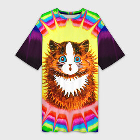 Платье-футболка 3D с принтом Psychedelic Rainbow Cat в Петрозаводске,  |  | benedict cumberbatch | louis wain | louis wains cats | psychedelic rainbow cat | the electrical life | антропоморфный | бенедикт камбербэтч | известный художник | кошачьи миры луиса уэйна | луис вэйн | луис уэйн | радуга | радужный кот