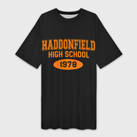 Платье-футболка 3D с принтом Haddonfield High School 1978 в Петрозаводске,  |  | face | haddonfield | halloween | high | killer | leather | maniac | michael | myers | mystic | school | uniform | кожаное | лицо | майерс | майкл | мистика | старшая | униформа | форма | хаддонифилд | хэллоуин | ш