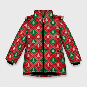 Зимняя куртка для девочек 3D с принтом Ёлочки (красно зелёные) в Петрозаводске, ткань верха — 100% полиэстер; подклад — 100% полиэстер, утеплитель — 100% полиэстер. | длина ниже бедра, удлиненная спинка, воротник стойка и отстегивающийся капюшон. Есть боковые карманы с листочкой на кнопках, утяжки по низу изделия и внутренний карман на молнии. 

Предусмотрены светоотражающий принт на спинке, радужный светоотражающий элемент на пуллере молнии и на резинке для утяжки. | merry christmas | бабушкин свитер | дед мороз | ёлка | елочные шары | новогодний подарок | новый год | подарок | природа | рождество | свитер | свитер с ёлками | снежинки