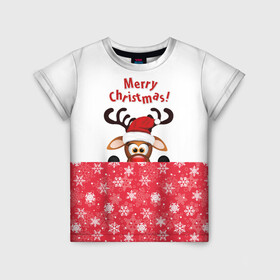 Детская футболка 3D с принтом Оленёнок (Merry Christmas) в Петрозаводске, 100% гипоаллергенный полиэфир | прямой крой, круглый вырез горловины, длина до линии бедер, чуть спущенное плечо, ткань немного тянется | merry christmas | santa claus | дед мороз | ёлка | зверь | зима | лось | мороз | новогодние олени | новый год | оленёнок бэмби | оленёнок рудольф | олень | подарок | празд | рождество | с новым годом | сантаклаус