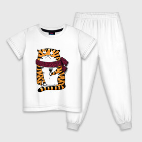 Детская пижама хлопок с принтом Недовольный тигр с бокалом вина в Петрозаводске, 100% хлопок |  брюки и футболка прямого кроя, без карманов, на брюках мягкая резинка на поясе и по низу штанин
 | Тематика изображения на принте: 2022 | год тигра | новый год | новый год 2022 | символ года | тигр | тигренок | тигрица | тигры