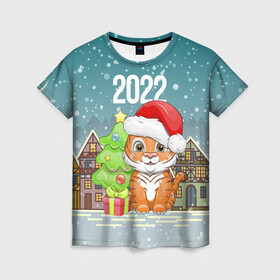 Женская футболка 3D с принтом Тигренок с елочкой в Петрозаводске, 100% полиэфир ( синтетическое хлопкоподобное полотно) | прямой крой, круглый вырез горловины, длина до линии бедер | 2022 | год тигра | новый год | новый год 2022 | символ года | тигр | тигренок | тигрица | тигры