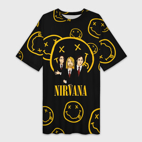 Платье-футболка 3D с принтом Арт на группу Nirvana в Петрозаводске,  |  | kurt cobain | nevermino | nirvana | альтернативный | гранж | грол | дональд | курт кобейн | музыка | надпись | нервана | нирвана | новоселич | певец | рок группа | смайл | смайлик | солист