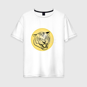 Женская футболка хлопок Oversize с принтом Тигр на новогоднем шарике в Петрозаводске, 100% хлопок | свободный крой, круглый ворот, спущенный рукав, длина до линии бедер
 | golden | head | holiday | mascot | new year | symbol | tiger | year of the tiger | год тигра | голова | золотой | новый год | праздник | символ | талисман | тигр
