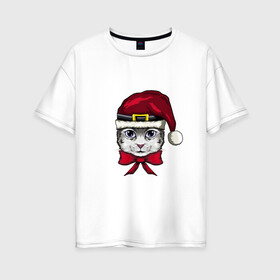 Женская футболка хлопок Oversize с принтом Сантакот в Петрозаводске, 100% хлопок | свободный крой, круглый ворот, спущенный рукав, длина до линии бедер
 | арт | иллюстрация | котёнок | котик | санта | шапка