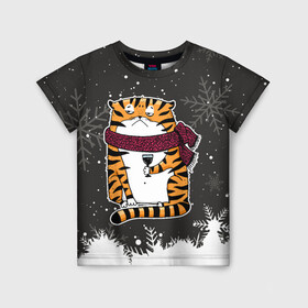 Детская футболка 3D с принтом Тигр с бокалом вина в Петрозаводске, 100% гипоаллергенный полиэфир | прямой крой, круглый вырез горловины, длина до линии бедер, чуть спущенное плечо, ткань немного тянется | Тематика изображения на принте: 2022 | год тигра | новый год | новый год 2022 | символ года | тигр | тигренок | тигрица | тигры