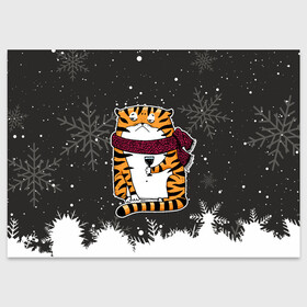 Поздравительная открытка с принтом Тигр с бокалом вина в Петрозаводске, 100% бумага | плотность бумаги 280 г/м2, матовая, на обратной стороне линовка и место для марки
 | Тематика изображения на принте: 2022 | год тигра | новый год | новый год 2022 | символ года | тигр | тигренок | тигрица | тигры
