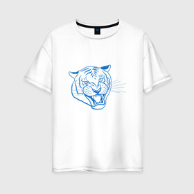 Женская футболка хлопок Oversize с принтом Контур головы синего тигра, арт лайн. в Петрозаводске, 100% хлопок | свободный крой, круглый ворот, спущенный рукав, длина до линии бедер
 | blue | head | holiday | mascot | new year | symbol | tiger | year of the tiger | арт лайн | год тигра | кошка | новогодний | новый год | праздник | символ | талисман
