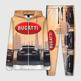 Женский костюм 3D с принтом Bugatti на фоне Дубая ОАЭ с логотипом в Петрозаводске,  |  | bugatti chiron | bugatti veyron | бугатти | гиперкары | дубай | закат | оаэ | спортивные машины | спорткары