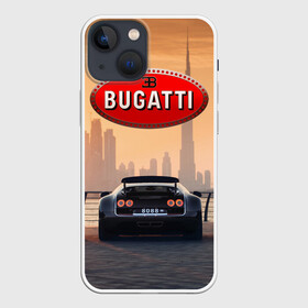 Чехол для iPhone 13 mini с принтом Bugatti на фоне Дубая ОАЭ с логотипом в Петрозаводске,  |  | bugatti chiron | bugatti veyron | бугатти | гиперкары | дубай | закат | оаэ | спортивные машины | спорткары