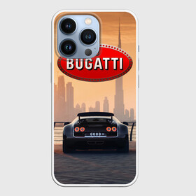 Чехол для iPhone 13 Pro с принтом Bugatti на фоне Дубая ОАЭ с логотипом в Петрозаводске,  |  | bugatti chiron | bugatti veyron | бугатти | гиперкары | дубай | закат | оаэ | спортивные машины | спорткары