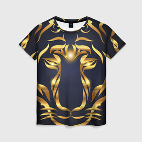 Женская футболка 3D с принтом Золотой символ года Тигр в Петрозаводске, 100% полиэфир ( синтетическое хлопкоподобное полотно) | прямой крой, круглый вырез горловины, длина до линии бедер | в чем встречать новый год | золотой узор | идея подарка на новый год | подарок на новый год | символ нового года | тигр золотой | тигр символ года 2022 | узоры из золота