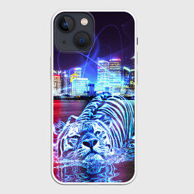 Чехол для iPhone 13 mini с принтом Плывущий неоновый тигр в Петрозаводске,  |  | год тигра | животные | неоновый тиг | плывущий тигр | тигр