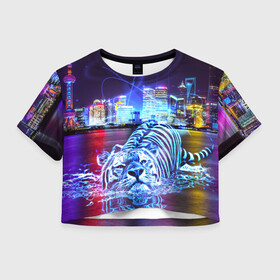 Женская футболка Crop-top 3D с принтом Плывущий неоновый тигр в Петрозаводске, 100% полиэстер | круглая горловина, длина футболки до линии талии, рукава с отворотами | год тигра | животные | неоновый тиг | плывущий тигр | тигр