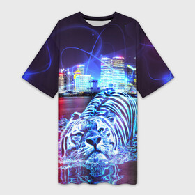 Платье-футболка 3D с принтом Плывущий неоновый тигр в Петрозаводске,  |  | год тигра | животные | неоновый тиг | плывущий тигр | тигр