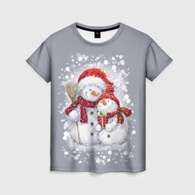 Женская футболка 3D с принтом Два снеговика в Петрозаводске, 100% полиэфир ( синтетическое хлопкоподобное полотно) | прямой крой, круглый вырез горловины, длина до линии бедер | 2022 | год тигра | новогодний подарок | новый год | подарок на новый год | снег | снеговик | снеговики