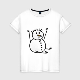 Женская футболка хлопок с принтом Снеговик в дудл стиле в Петрозаводске, 100% хлопок | прямой крой, круглый вырез горловины, длина до линии бедер, слегка спущенное плечо | дудл | зима | зимний | нарисованный | от руки | снег | снеговик