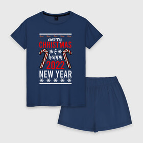 Женская пижама с шортиками хлопок с принтом Happy 2022 NY в Петрозаводске, 100% хлопок | футболка прямого кроя, шорты свободные с широкой мягкой резинкой | 2022 | 2022 год | happy new year | santa | год тигра | дед мороз | каникулы | мороз | новогодний свитер | новый год | новый год 2022 | новый год тигра | оливье | праздник | рождество | санта клаус | свитер новогодний