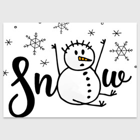 Поздравительная открытка с принтом Снеговик ловит снежинки в Петрозаводске, 100% бумага | плотность бумаги 280 г/м2, матовая, на обратной стороне линовка и место для марки
 | Тематика изображения на принте: дудл | зима | зимний | леттеринг | надпись | нарисованный | от руки | снег | снеговик | снежинки | текст