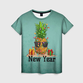 Женская футболка 3D с принтом Праздничный ананас в Петрозаводске, 100% полиэфир ( синтетическое хлопкоподобное полотно) | прямой крой, круглый вырез горловины, длина до линии бедер | 2022 | ананас | арт | гирлянды | графика | новый год | фрукт