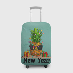Чехол для чемодана 3D с принтом Праздничный ананас в Петрозаводске, 86% полиэфир, 14% спандекс | двустороннее нанесение принта, прорези для ручек и колес | 2022 | ананас | арт | гирлянды | графика | новый год | фрукт