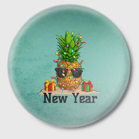 Значок с принтом Праздничный ананас в Петрозаводске,  металл | круглая форма, металлическая застежка в виде булавки | 2022 | ананас | арт | гирлянды | графика | новый год | фрукт