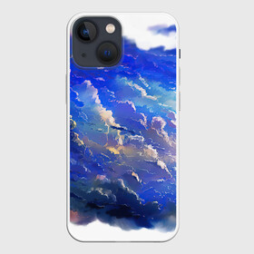 Чехол для iPhone 13 mini с принтом Высокие облака в Петрозаводске,  |  | акварель | арт | гуашь | картина красками | краски | небо | облака | облако | природа | рисунок | синий