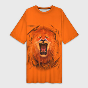 Платье-футболка 3D с принтом ЛЕВ СКВОЗЬ ТКАНЬ в Петрозаводске,  |  | animals | hunter | king | lion | вожак | дикие | животные | звери | клыки | король | лев | пасть | сила | ткань | хищник | царь | ярость