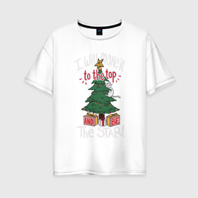 Женская футболка хлопок Oversize с принтом Cat on the tree в Петрозаводске, 100% хлопок | свободный крой, круглый ворот, спущенный рукав, длина до линии бедер
 | cat | christmas | garland | gifts | holiday | kitty | new year | star | tree | гирлянда | елка | звезда | кот | котик | кошка | новый год | подарки | праздник | рождество