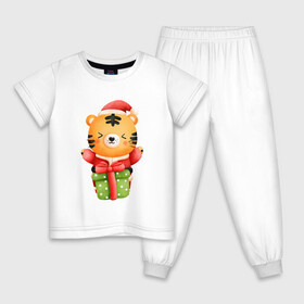 Детская пижама хлопок с принтом Тигренок с новогодним подарком в Петрозаводске, 100% хлопок |  брюки и футболка прямого кроя, без карманов, на брюках мягкая резинка на поясе и по низу штанин
 | Тематика изображения на принте: 2022 | год тигра | новый год | новый год 2022 | символ года | тигр | тигренок | тигрица | тигры