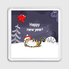 Магнит 55*55 с принтом Happy New Year 2022 Тигр в Петрозаводске, Пластик | Размер: 65*65 мм; Размер печати: 55*55 мм | 2022 | год тигра | новый год | новый год 2022 | символ года | тигр | тигренок | тигрица | тигры