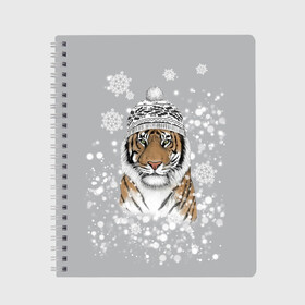 Тетрадь с принтом Снежный тигр в Петрозаводске, 100% бумага | 48 листов, плотность листов — 60 г/м2, плотность картонной обложки — 250 г/м2. Листы скреплены сбоку удобной пружинной спиралью. Уголки страниц и обложки скругленные. Цвет линий — светло-серый
 | 2022 | год тигра | зимний тигр | новогодний подарок | новый год | новый год 2020 | подарок на новый год | снег