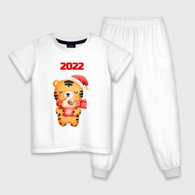 Детская пижама хлопок с принтом Праздничный тигренок 2022 в Петрозаводске, 100% хлопок |  брюки и футболка прямого кроя, без карманов, на брюках мягкая резинка на поясе и по низу штанин
 | Тематика изображения на принте: 2022 | год тигра | новый год | новый год 2022 | символ года | тигр | тигренок | тигрица | тигры