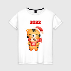 Женская футболка хлопок с принтом Праздничный тигренок 2022 в Петрозаводске, 100% хлопок | прямой крой, круглый вырез горловины, длина до линии бедер, слегка спущенное плечо | 2022 | год тигра | новый год | новый год 2022 | символ года | тигр | тигренок | тигрица | тигры
