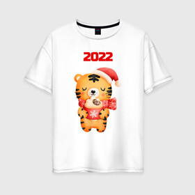 Женская футболка хлопок Oversize с принтом Праздничный тигренок 2022 в Петрозаводске, 100% хлопок | свободный крой, круглый ворот, спущенный рукав, длина до линии бедер
 | 2022 | год тигра | новый год | новый год 2022 | символ года | тигр | тигренок | тигрица | тигры