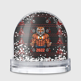 Игрушка Снежный шар с принтом Новогодний качок тигр в Петрозаводске, Пластик | Изображение внутри шара печатается на глянцевой фотобумаге с двух сторон | 2022 | год тигра | новый год | новый год 2022 | символ года | тигр | тигренок | тигрица | тигры