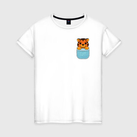 Женская футболка хлопок с принтом Тигренок в кармане в Петрозаводске, 100% хлопок | прямой крой, круглый вырез горловины, длина до линии бедер, слегка спущенное плечо | 2022 | год тигра | новый год | новый год 2022 | символ года | тигр | тигренок | тигрица | тигры